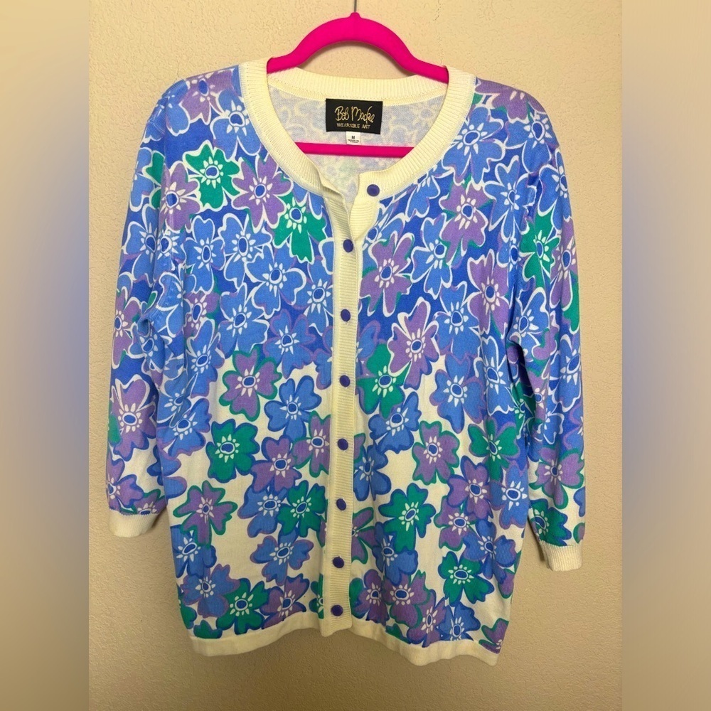 Bob Mackie Wearable Art Blue Abstract Floral Cottagecore 3/4 Sleeve Cardigan M